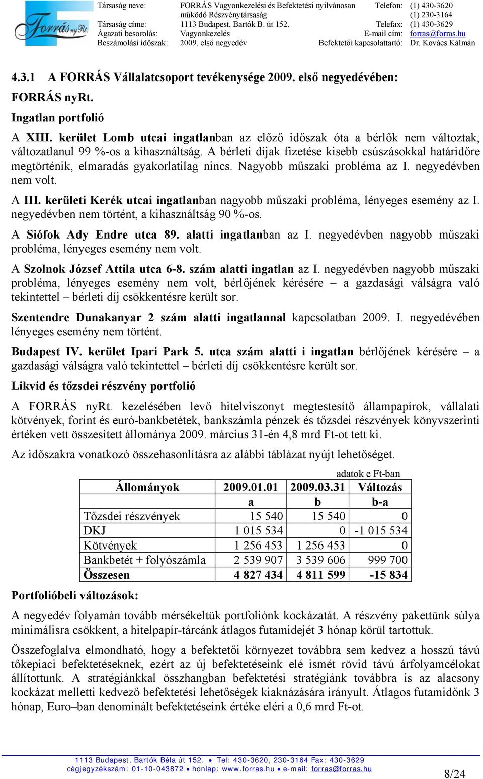 A bérleti díjak fizetése kisebb csúszásokkal határidőre megtörténik, elmaradás gyakorlatilag nincs. Nagyobb műszaki probléma az I. negyedévben nem volt. A III.