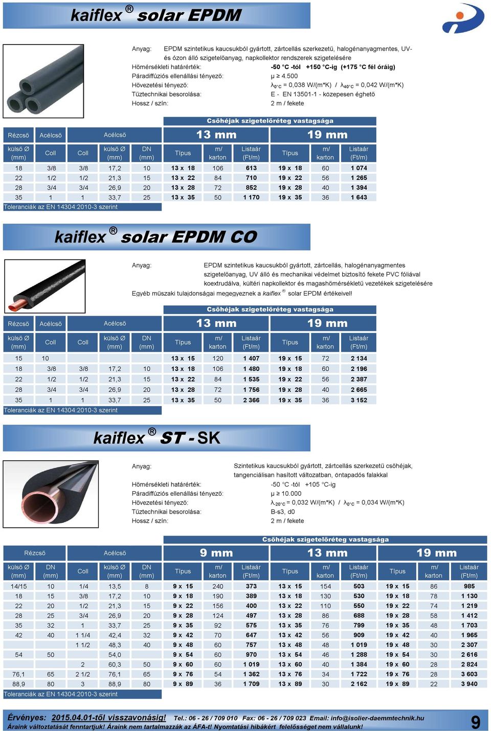 500 λ 0 C = 0,038 W/(m*K) / λ 40 C = 0,042 W/(m*K) Tűztechnikai besorolása: E - EN 13501-1 - közepesen éghető Hossz / szín: 2 m / fekete Rézcső Acélcső Csőhéjak szigetelőréteg vastagsága Acélcső 13