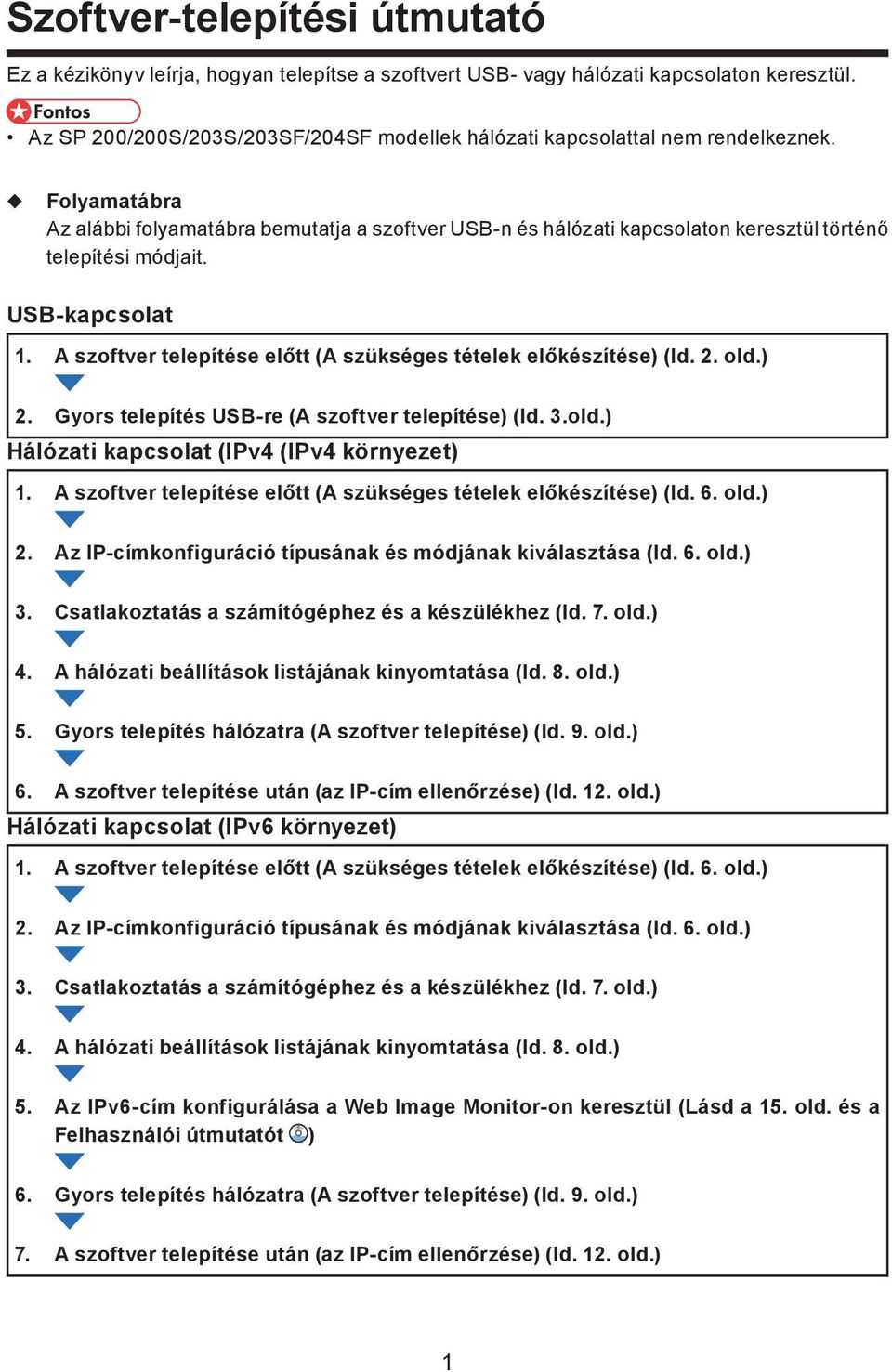 Folyamatábra Az alábbi folyamatábra bemutatja a szoftver USB-n és hálózati kapcsolaton keresztül történő telepítési módjait. USB-kapcsolat 1.