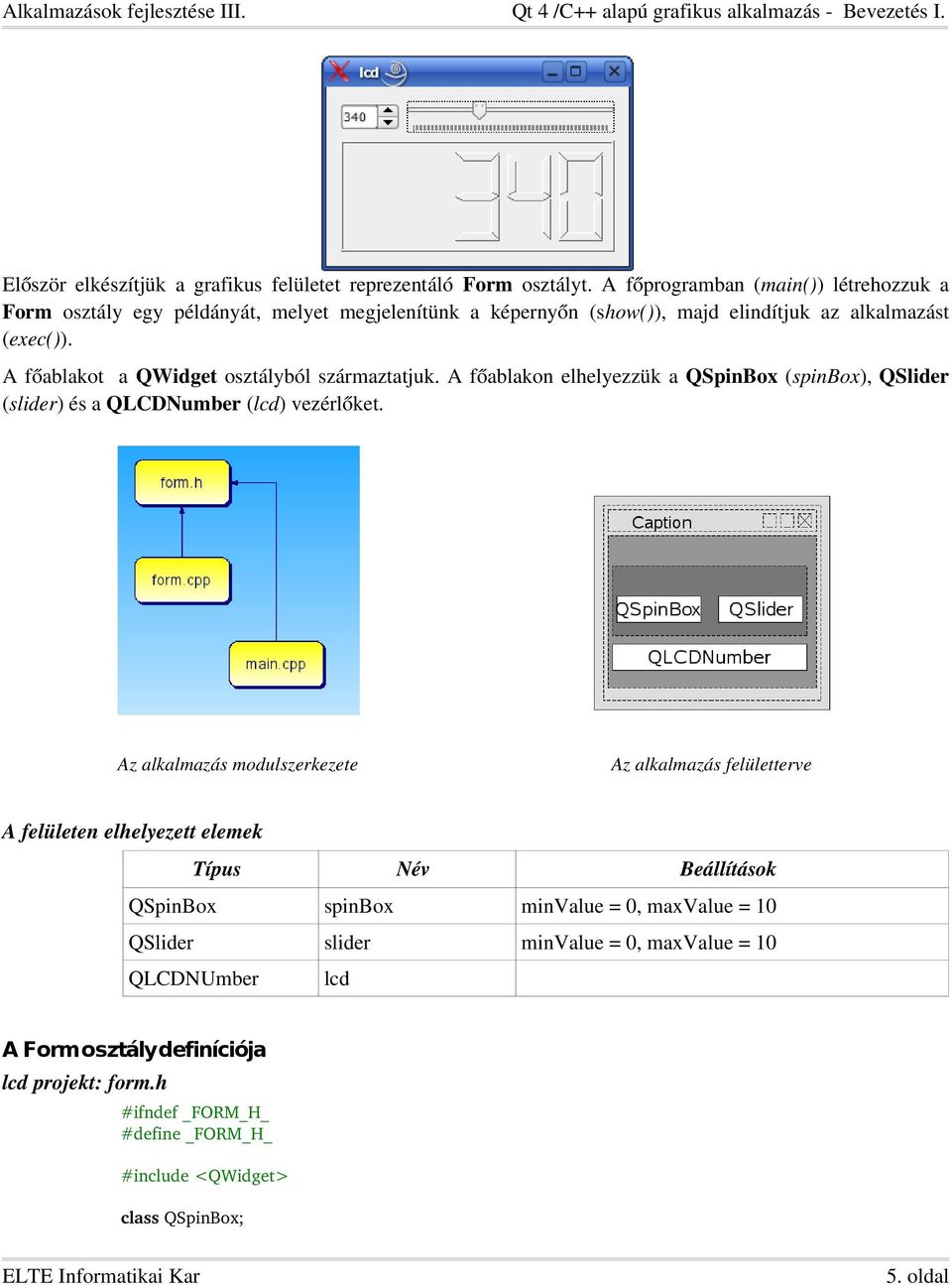 A főablakot a QWidget osztályból származtatjuk. A főablakon elhelyezzük a QSpinBox (spinbox), QSlider (slider) és a QLCDNumber (lcd) vezérlőket.