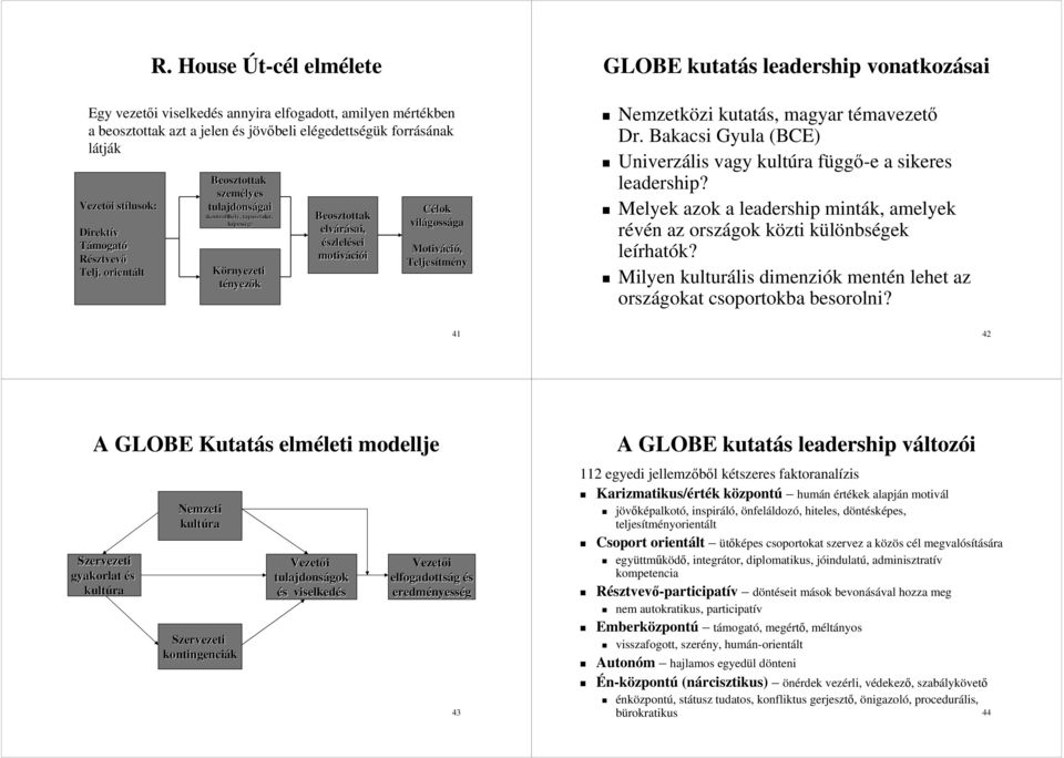 orientált Beosztottak személyes tulajdonságai (kontrollhely, tapasztalat, képesség) Környezeti tényezők Beosztottak elvárásai, észleléseisei motiváci i Célok világoss gosságaga Motiváci, Teljesítm