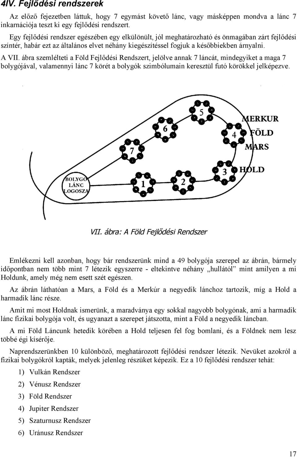 ábra szemlélteti a Föld Fejlődési Rendszert, jelölve annak 7 láncát, mindegyiket a maga 7 bolygójával, valamennyi lánc 7 körét a bolygók szimbólumain keresztül futó körökkel jelképezve. VII.
