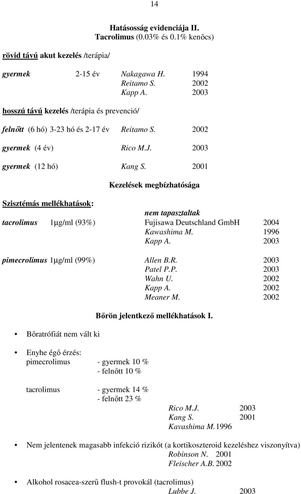 2001 Kezelések megbízhatósága Szisztémás mellékhatások: nem tapasztaltak tacrolimus 1µg/ml (93%) Fujisawa Deutschland GmbH 2004 Kawashima M. 1996 Kapp A. 2003 pimecrolimus 1µg/ml (99%) Allen B.R.