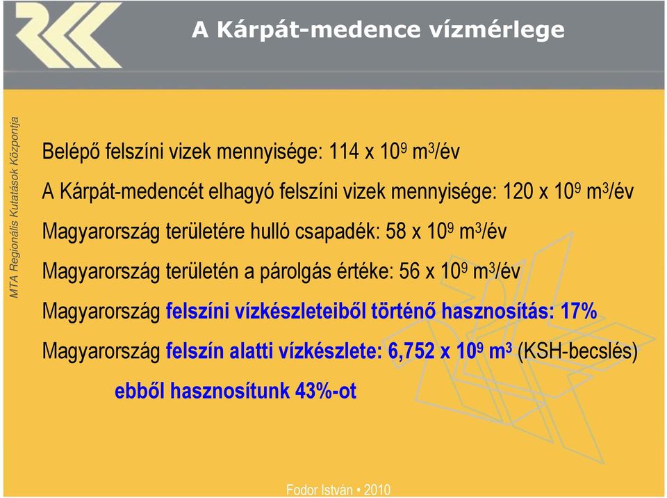 Magyarország területén a párolgás értéke: 56 x 10 9 m 3 /év Magyarország felszíni vízkészleteiből történő