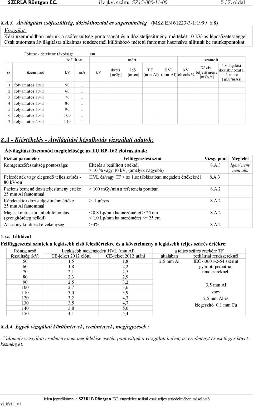 Csak automata átvilágításra alkalmas rendszernél különböző méretű fantomot használva állítunk be munkapontokat. Fókusz - detektor távolság: cm beállított mért számolt sz.