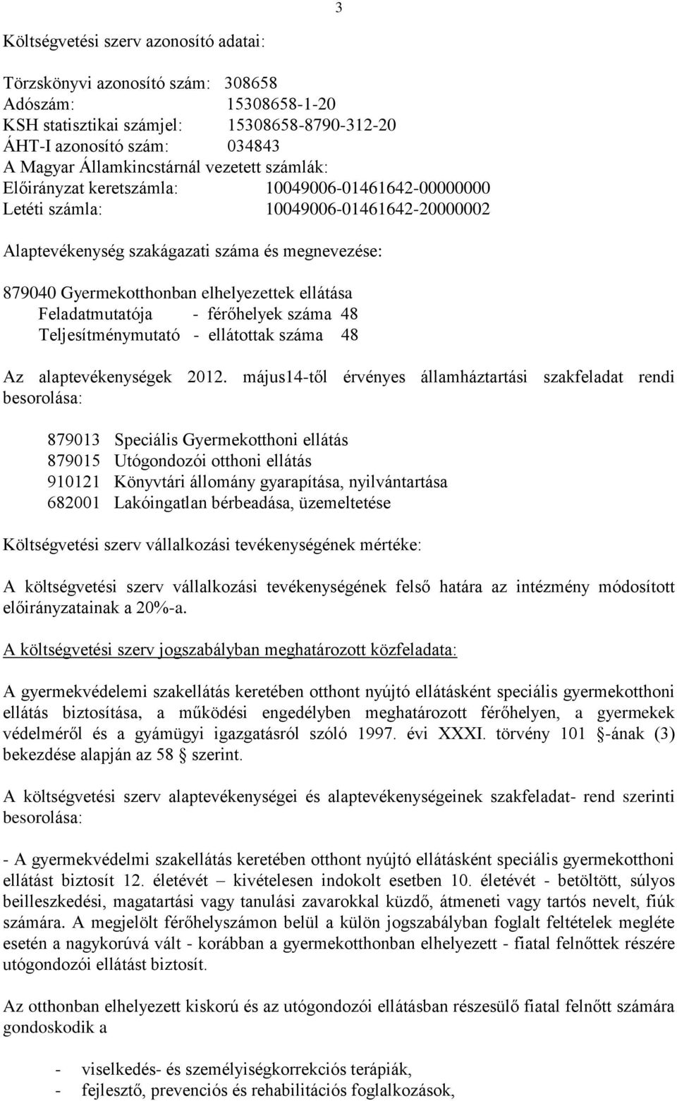 ellátása Feladatmutatója - férőhelyek száma 48 Teljesítménymutató - ellátottak száma 48 Az alaptevékenységek 2012.