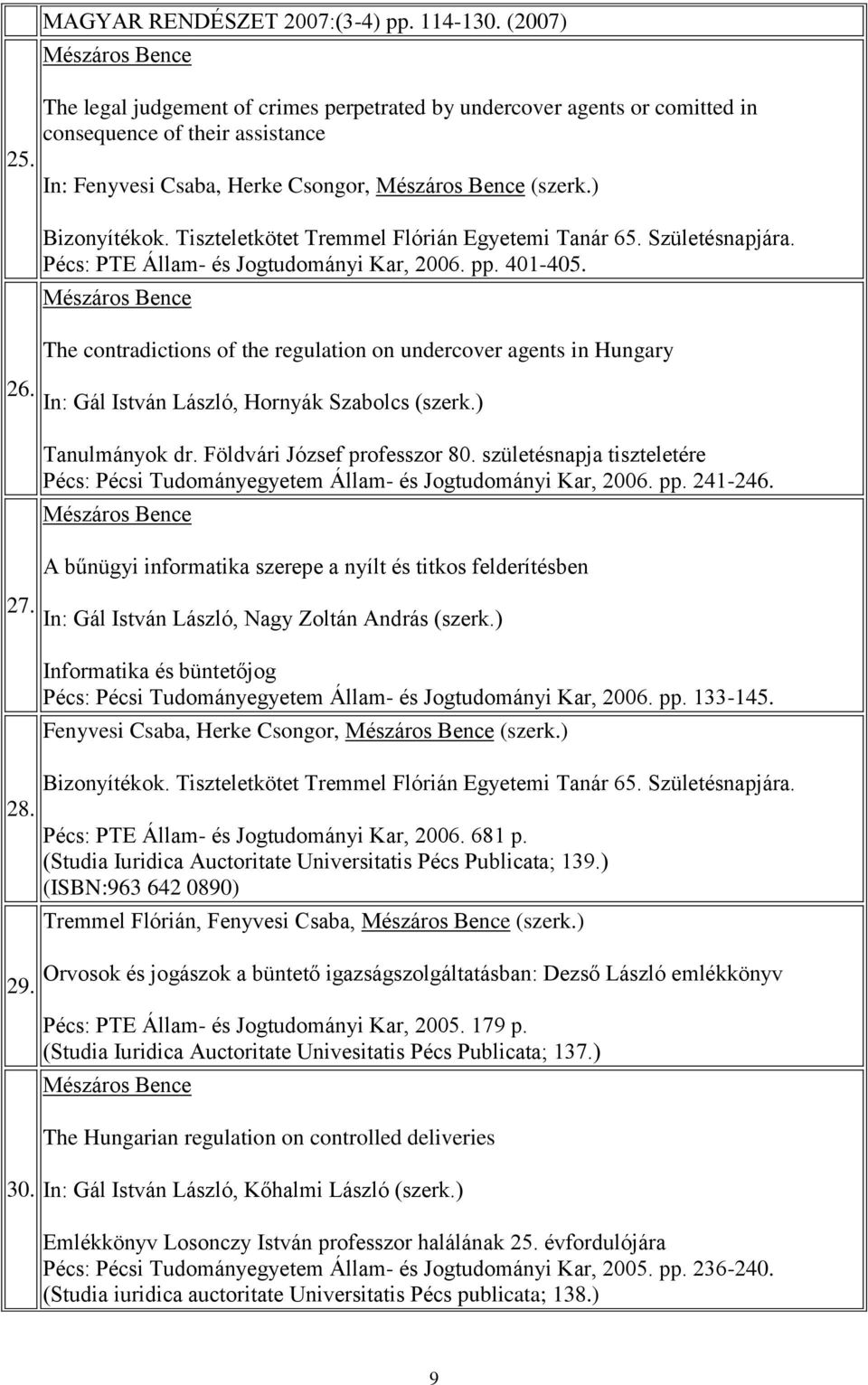 The contradictions of the regulation on undercover agents in Hungary 26. In: Gál István László, Hornyák Szabolcs (szerk.) Tanulmányok dr. Földvári József professzor 80.