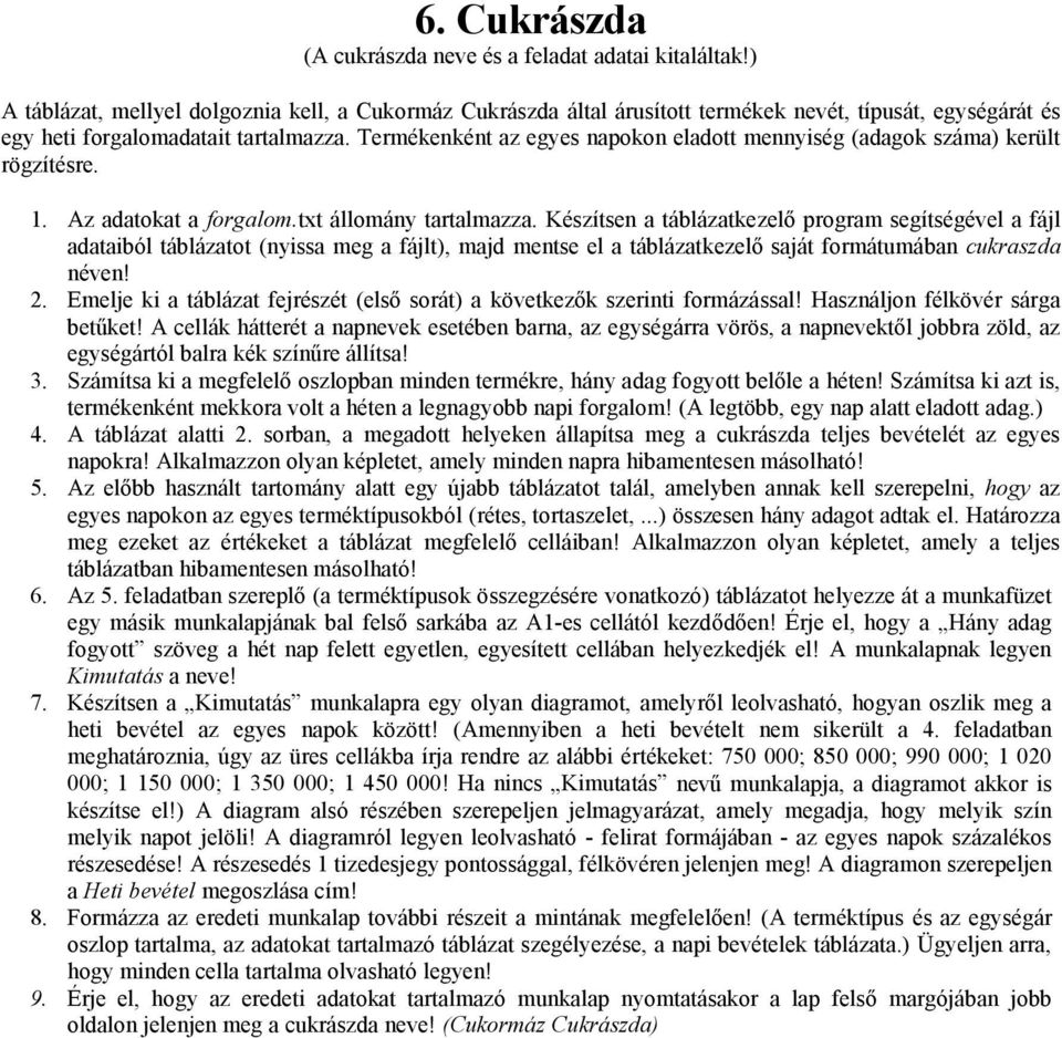 Termékenként az egyes napokon eladott mennyiség (adagok száma) került rögzítésre. 1. Az adatokat a forgalom.txt állomány tartalmazza.