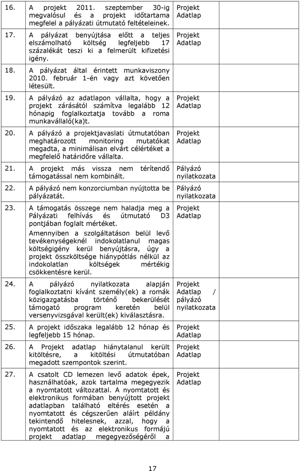 február 1-én vagy azt követően létesült. 19. A pályázó az adatlapon vállalta, hogy a projekt zárásától számítva legalább 12 hónapig foglalkoztatja tovább a roma munkavállaló(ka)t. 20.