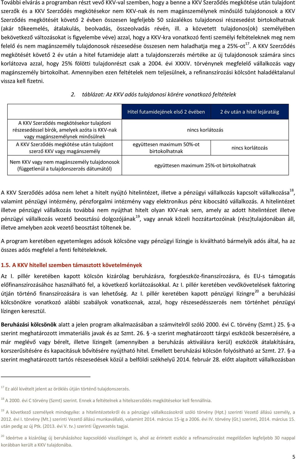 a közvetett tulajdonos(ok) személyében bekövetkező változásokat is figyelembe véve) azzal, hogy a KKV-kra vonatkozó fenti személyi feltételeknek meg nem felelő és nem magánszemély tulajdonosok