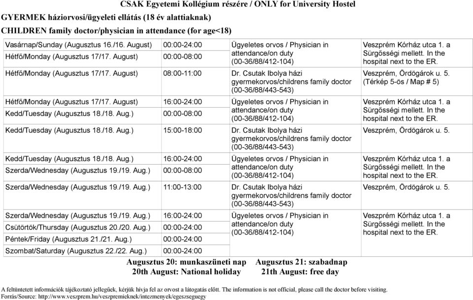 (Térkép 5-ös / Map # 5) 15:00-18:00 Dr. Csutak Ibolya házi (00-36/88/443-543) Veszprém, Ördögárok u. 5. 11:00-13:00 Dr.