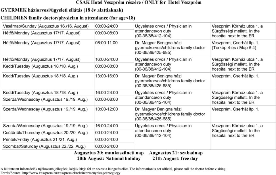 (Térkép 4-es / Map # 4) 13:00-16:00 Dr. Magyar Benigna házi (00-36/88/425-685) Veszprém, Cserhát ltp. 1. 10:00-12:00 Dr.