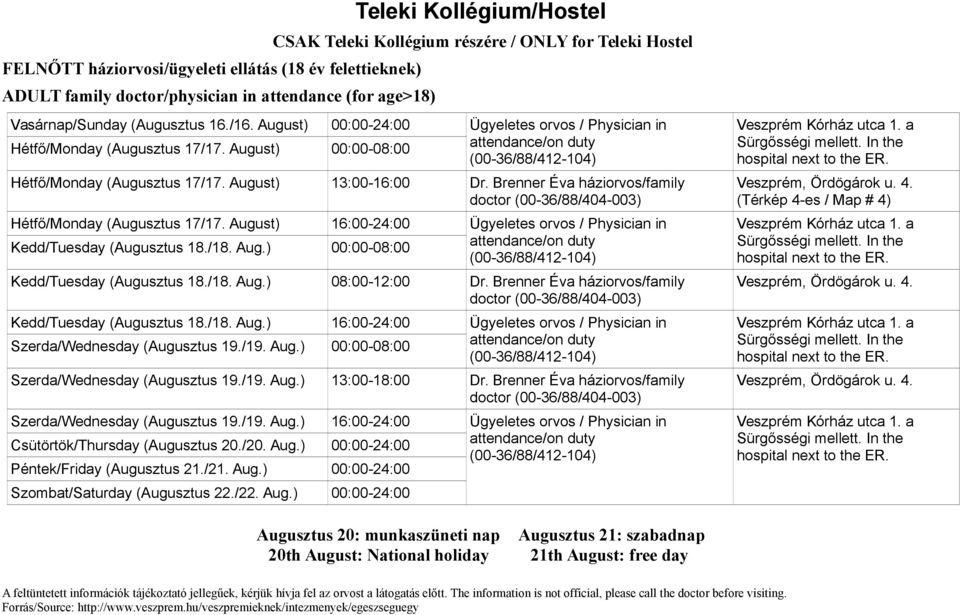 (Térkép 4-es / Map # 4) 08:00-12:00 Dr. Brenner Éva háziorvos/family doctor (00-36/88/404-003) Veszprém, Ördögárok u. 4. 13:00-18:00 Dr.