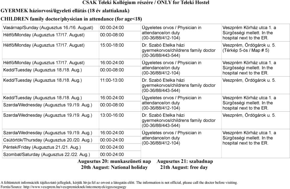 (Térkép 5-ös / Map # 5) 11:00-13:00 Dr. Szabó Etelka házi (00-36/88/443-544) Veszprém, Ördögárok u. 5. 13:00-16:00 Dr.