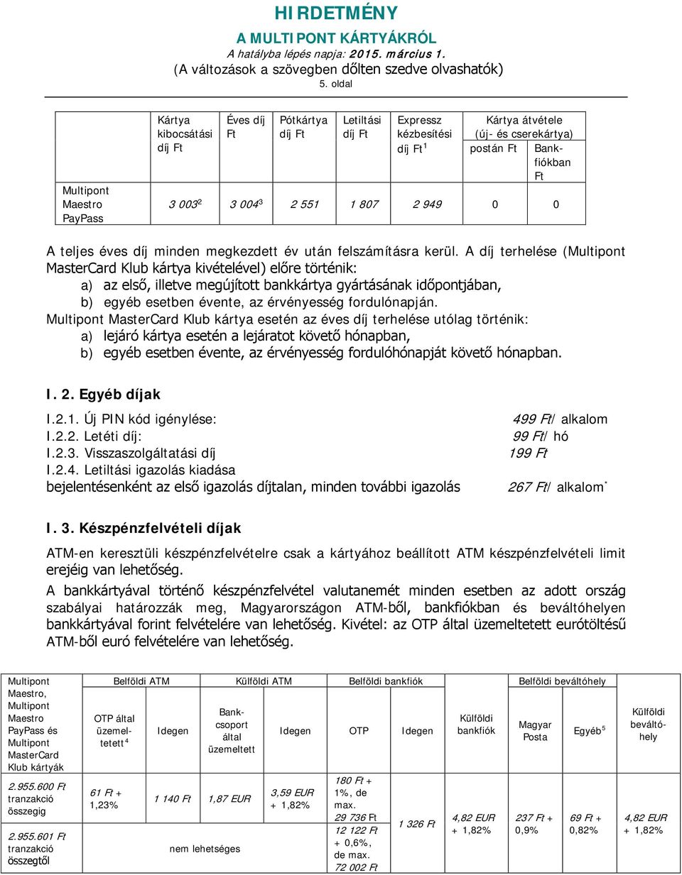 A díj terhelése ( Klub kártya kivételével) előre történik: a) az első, illetve megújított bankkártya gyártásának időpontjában, b) egyéb esetben évente, az érvényesség fordulónapján.