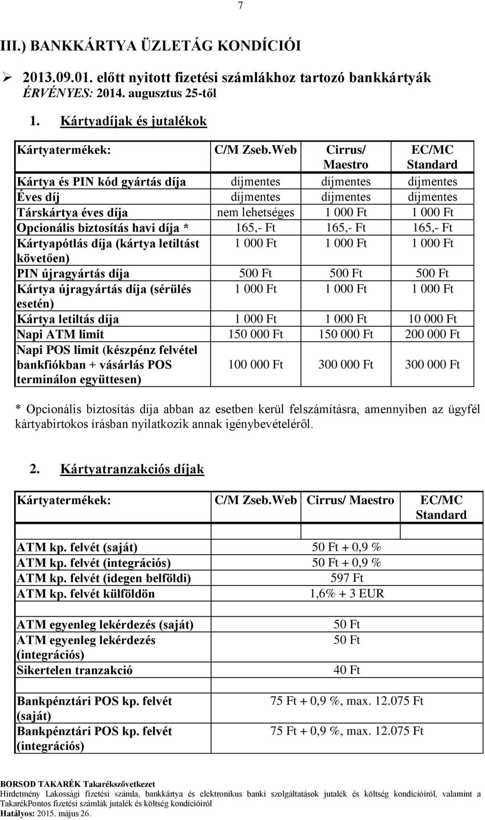 díja * 165,- Ft 165,- Ft 165,- Ft Kártyapótlás díja (kártya letiltást követően) PIN újragyártás díja 500 Ft 500 Ft 500 Ft Kártya újragyártás díja (sérülés esetén) Kártya letiltás díja 10 000 Ft Napi