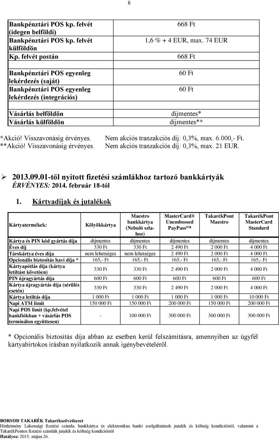 Nem akciós tranzakciós díj: 0,3%, max. 21 EUR. 2013.09.01-től nyitott fizetési számlákhoz tartozó bankkártyák ÉRVÉNYES: 2014. február 18-tól 1.