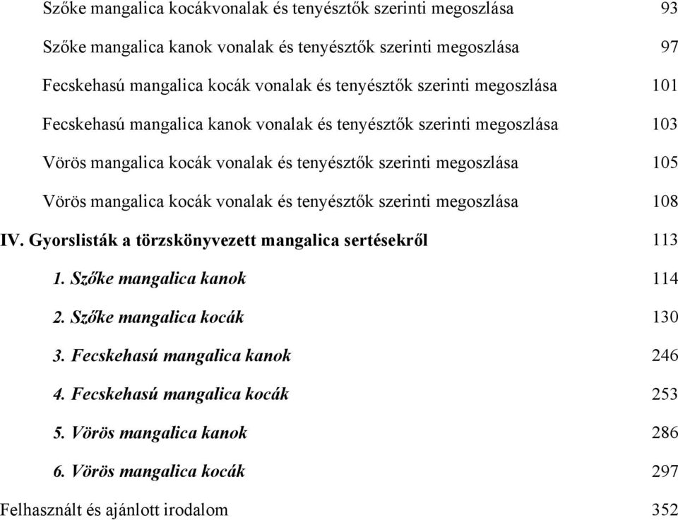 105 Vörös mangalica kocák vonalak és tenyésztők szerinti megoszlása 108 IV. Gyorslisták a törzskönyvezett mangalica sertésekről 113 1. Szőke mangalica kanok 114 2.