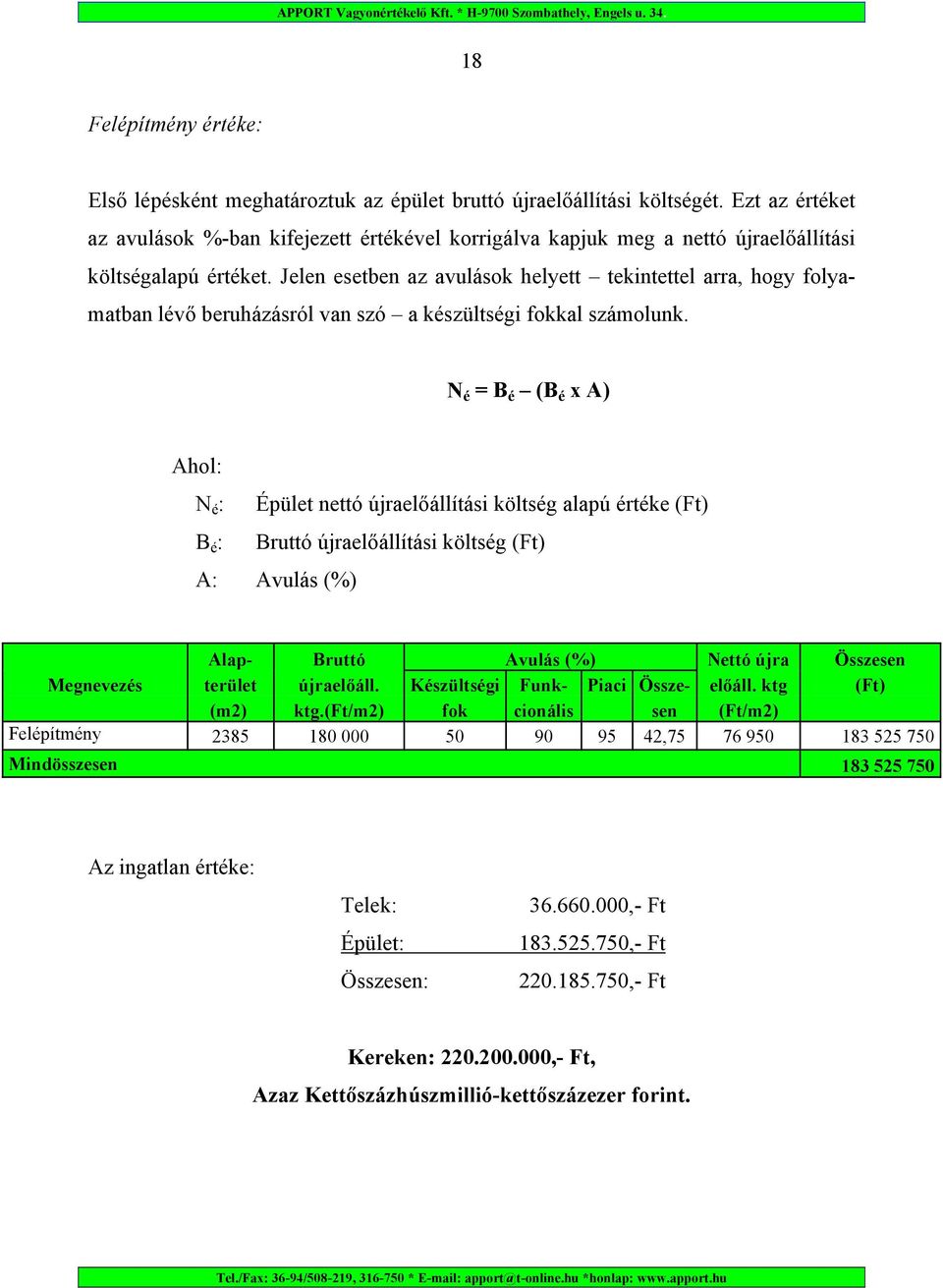 Jelen esetben az avulások helyett tekintettel arra, hogy folyamatban lévő beruházásról van szó a készültségi fokkal számolunk.