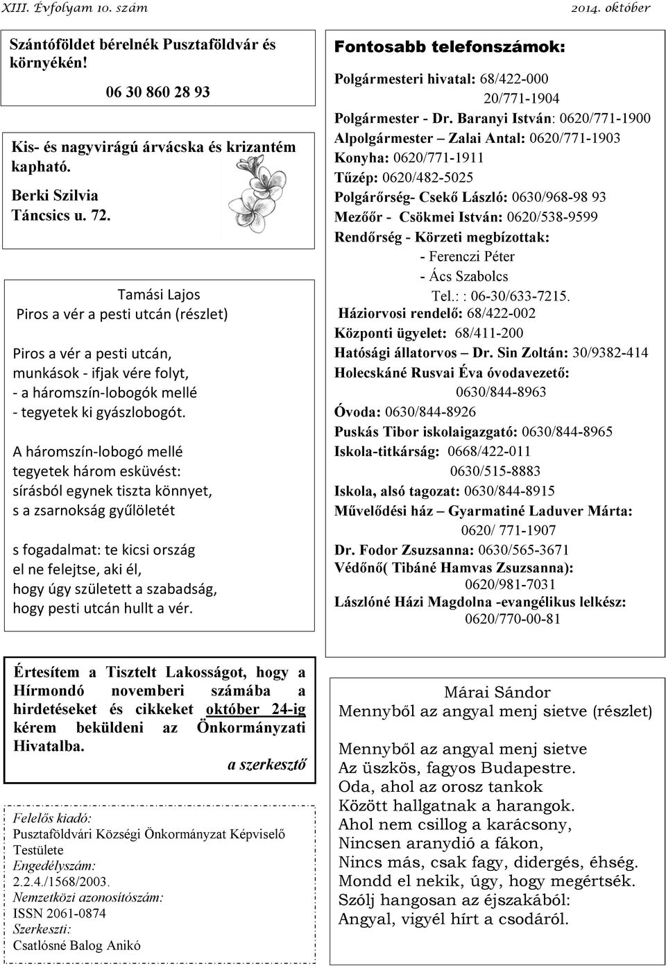 A háromszín-lobogó mellé tegyetek három esküvést: sírásból egynek tiszta könnyet, s a zsarnokság gyűlöletét s fogadalmat: te kicsi ország el ne felejtse, aki él, hogy úgy született a szabadság, hogy