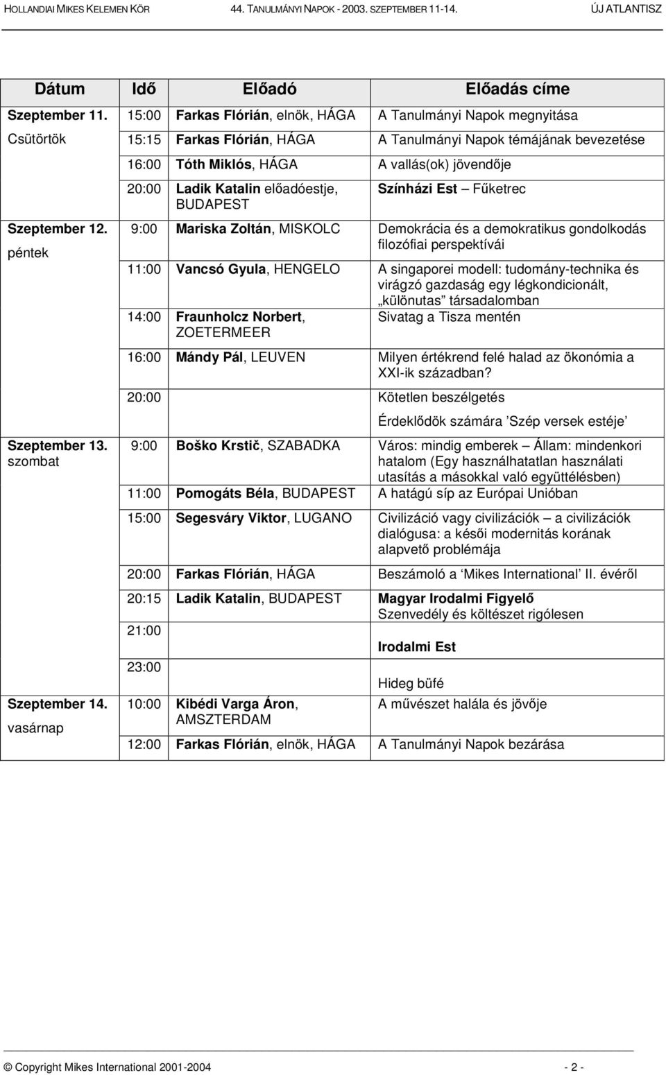 Katalin eladóestje, BUDAPEST Színházi Est Fketrec 9:00 Mariska Zoltán, MISKOLC Demokrácia és a demokratikus gondolkodás filozófiai perspektívái 11:00 Vancsó Gyula, HENGELO A singaporei modell: