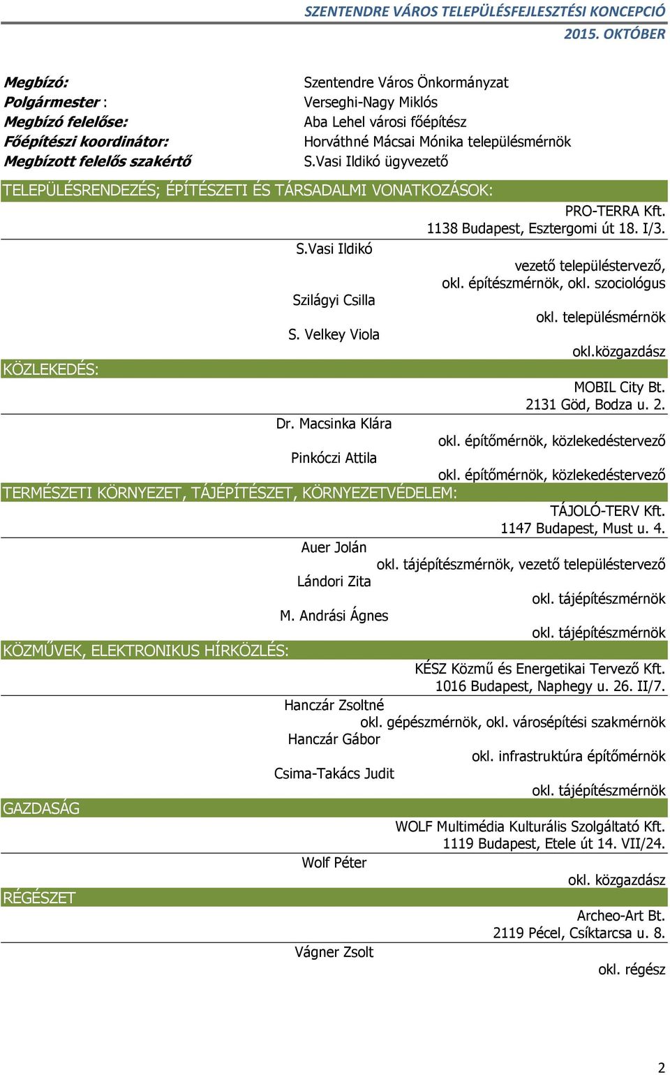 építészmérnök, okl. szociológus Szilágyi Csilla okl. településmérnök S. Velkey Viola okl.közgazdász KÖZLEKEDÉS: MOBIL City Bt. 2131 Göd, Bodza u. 2. Dr. Macsinka Klára okl.