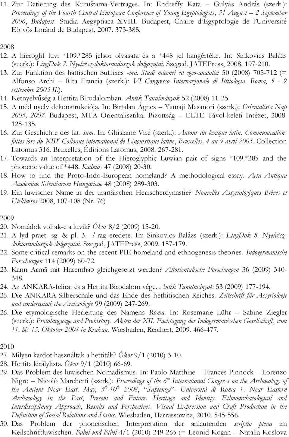 In: Sinkovics Balázs (szerk.): LingDok 7. Nyelvész-doktoranduszok dolgozatai. Szeged, JATEPress, 2008. 197-210. 13. Zur Funktion des hattischen Suffixes -ma.