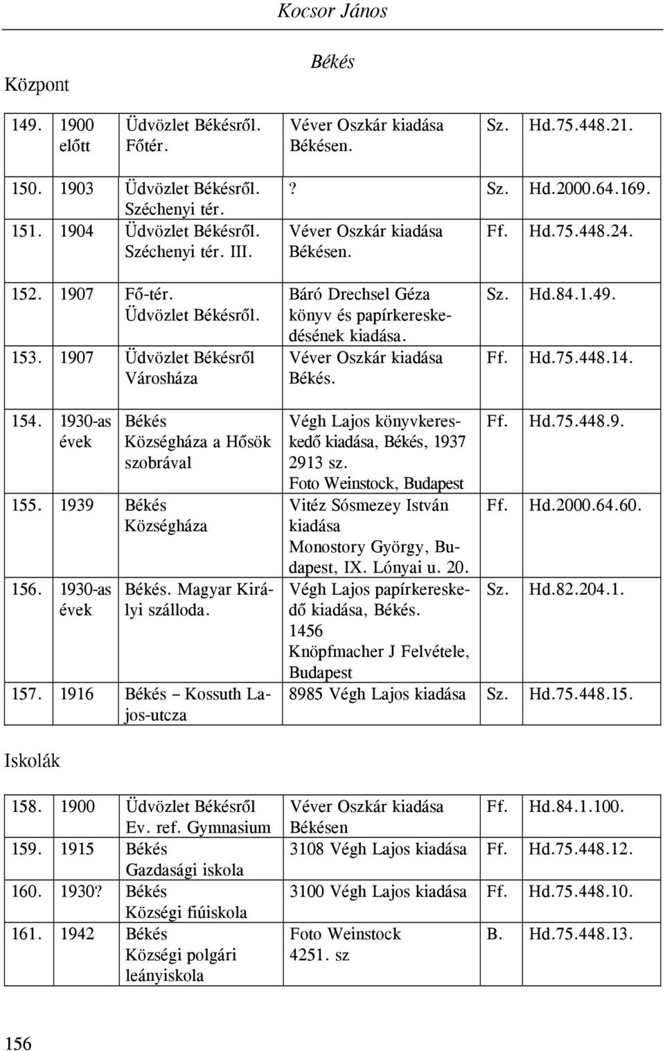 Véver Oszkár kiadása Békés. Hd.84.1.49. Hd.75.448.14. 154. 1930-as Békés Községháza a Hősök szobrával 155. 1939 Békés Községháza 156. 1930-as Békés. Magyar Királyi szálloda. 157.