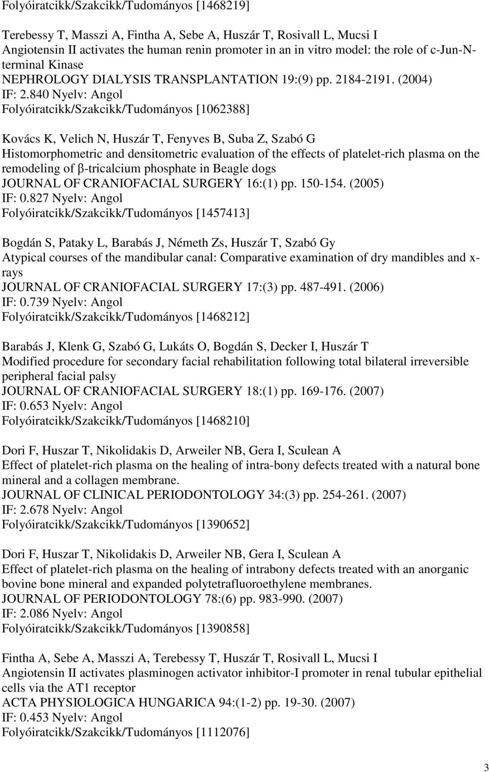 840 Nyelv: Angol Folyóiratcikk/Szakcikk/Tudományos [1062388] Kovács K, Velich N, Huszár T, Fenyves B, Suba Z, Szabó G Histomorphometric and densitometric evaluation of the effects of platelet-rich