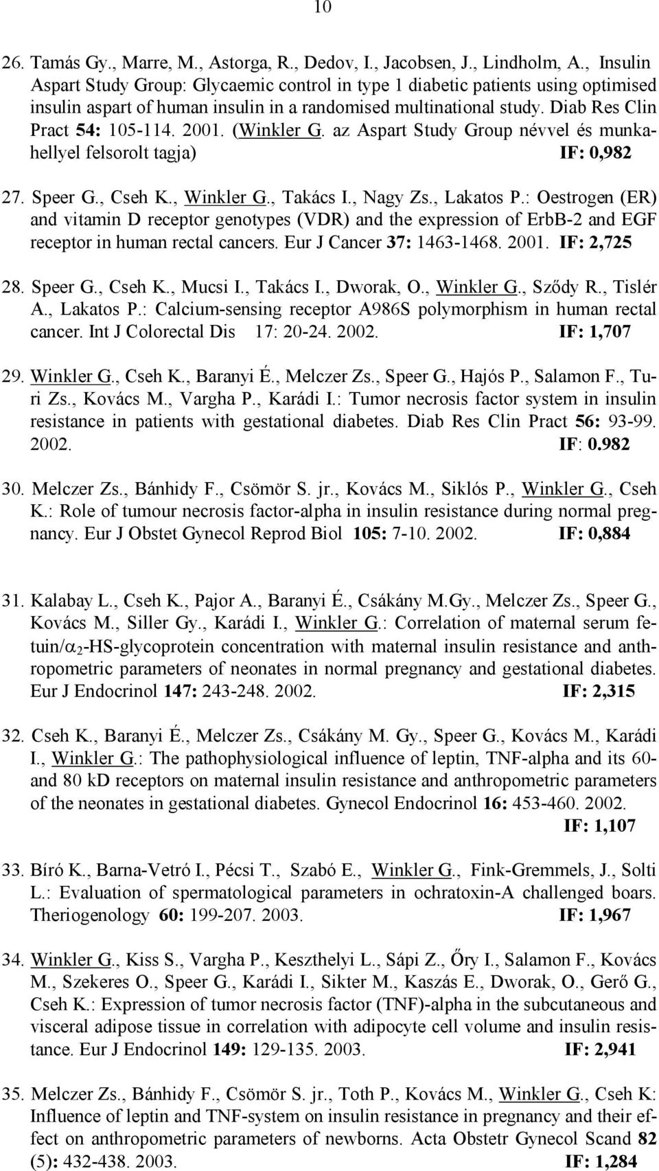 (Winkler G. az Aspart Study Group névvel és munkahellyel felsorolt tagja) IF: 0,982 27. Speer G., Cseh K., Winkler G., Takács I., Nagy Zs., Lakatos P.