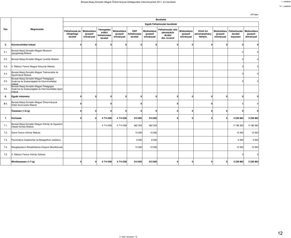 Felhalmozási bevétel összesen 5. Közmüvelődési Intézet 5.1. Borsod-Abaúj-Zemplén Megyei Múzeumi Igazgatóság Miskolc 5.2. Borsod-Abaúj-Zemplén Megyei Levéltár Miskolc 5.3. II.