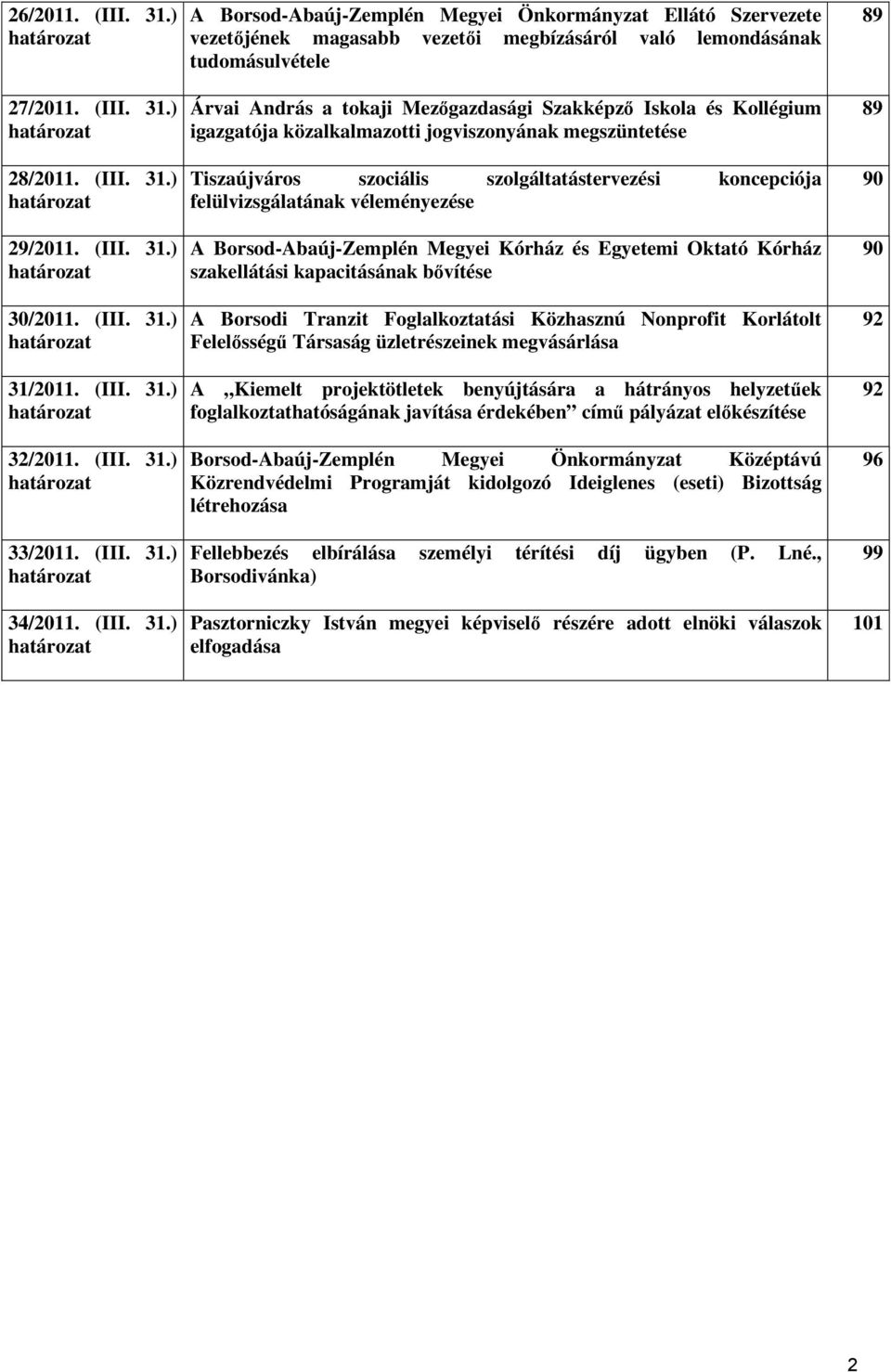 ) határozat 29/2011. ) határozat 30/2011. ) határozat 31/2011. ) határozat 32/2011. ) határozat 33/2011. ) határozat 34/2011.
