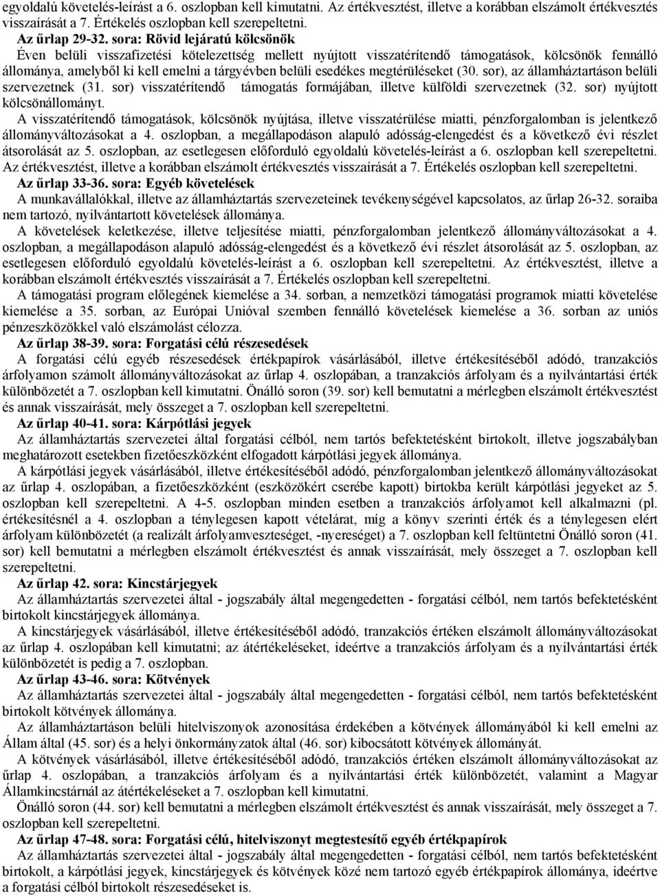 esedékes megtérüléseket (30. sor), az államháztartáson belüli szervezetnek (31. sor) visszatérítendő támogatás formájában, illetve külföldi szervezetnek (32. sor) nyújtott kölcsönállományt.