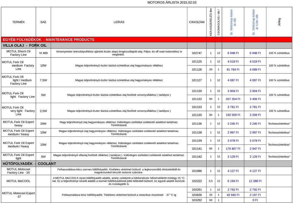 MOTUL Fork Oil medium Factory Line 10W Magas teljesítményű észter bázisú szintetikus olaj hagyományos villákhoz 101125 1 12 101126 20 1 4 519 Ft 4 519 Ft 81 784 Ft 4 089 Ft MOTUL Fork Oil light /