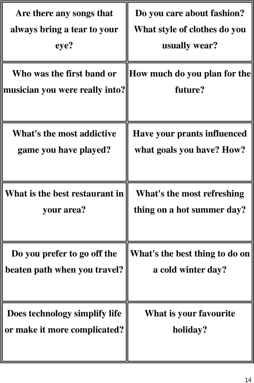 Have your prants influenced what goals you have? How? What is the best restaurant in your area? What's the most refreshing thing on a hot summer day?