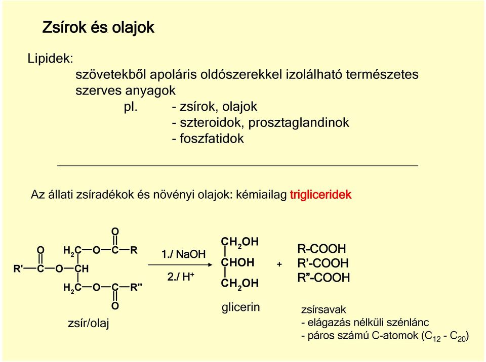 - zsírok, olajok - szteroidok, prosztaglandinok - foszfatidok Az állati zsíradékok és növényi