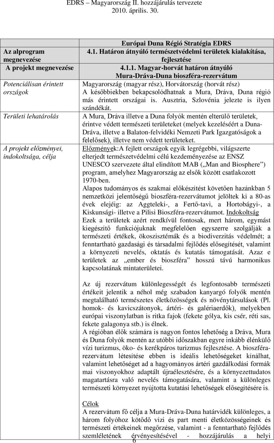 1. Magyar-horvát határon átnyúló Mura-Dráva-Duna bioszféra-rezervátum Magyarország (magyar rész), Horvátország (horvát rész) A későbbiekben bekapcsolódhatnak a Mura, Dráva, Duna régió más érintett