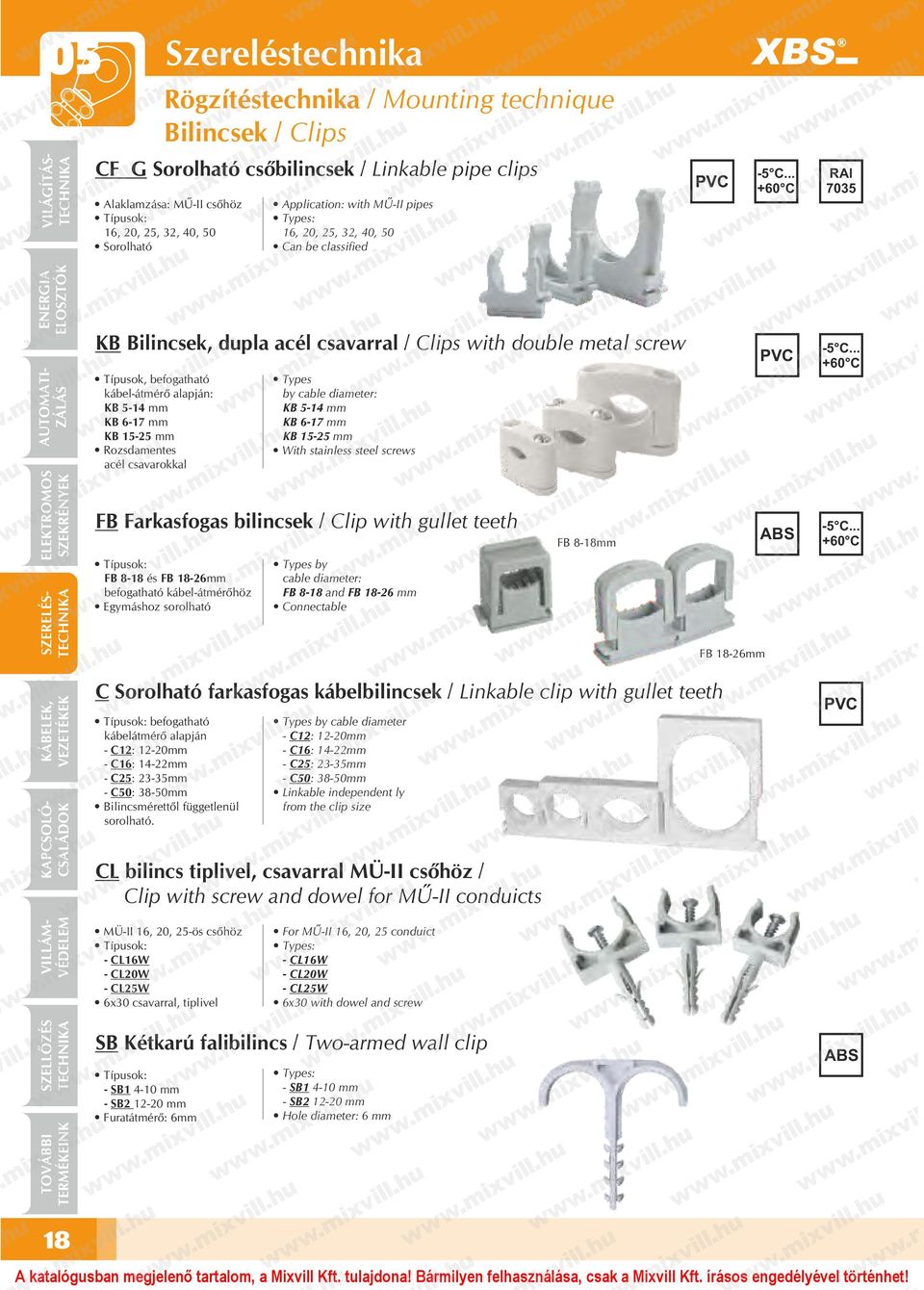 .. +60 C RAl 35 KB Bilincsek, dupla acél csavarral / Clips with double metal screw Típusok, befogatható kábel-átmérő alapján: KB 5-14 mm KB 6-17 mm KB 15-5 mm Rozsdamentes acél csavarokkal Types by