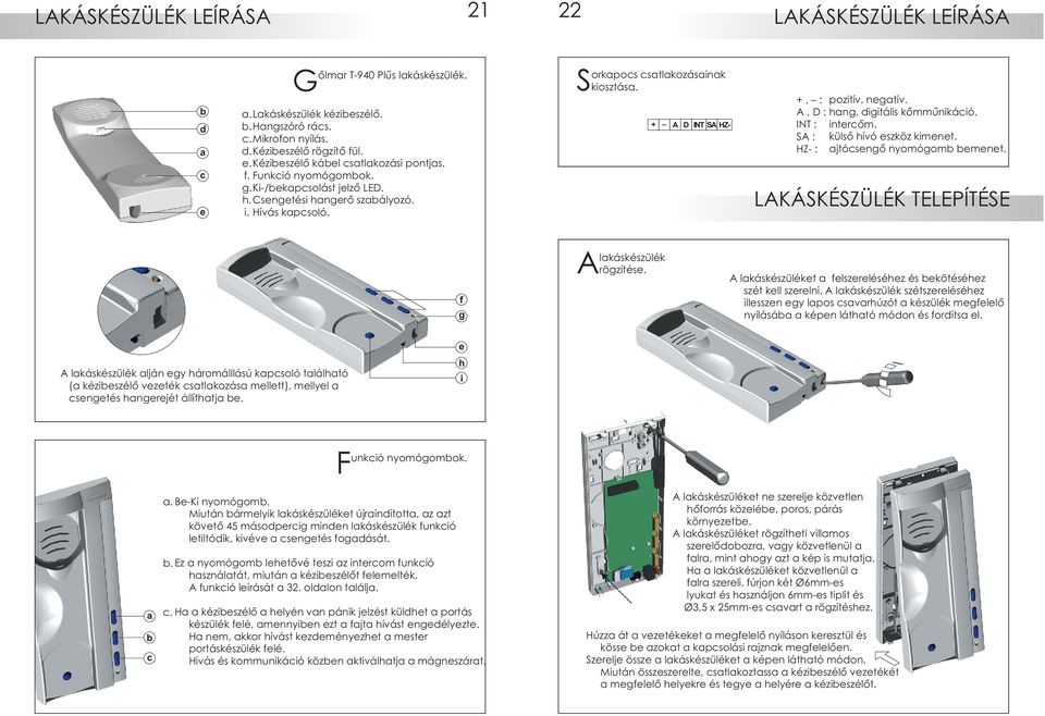 , : hang, digitális kommunikáció. INT : intercom. S : külsõ hívó eszköz kimenet. HZ- : ajtócsengõ nyomógomb bemenet. LKÁSKÉSZÜLÉK TELEPÍTÉSE f g lakáskészülék rögzítése.