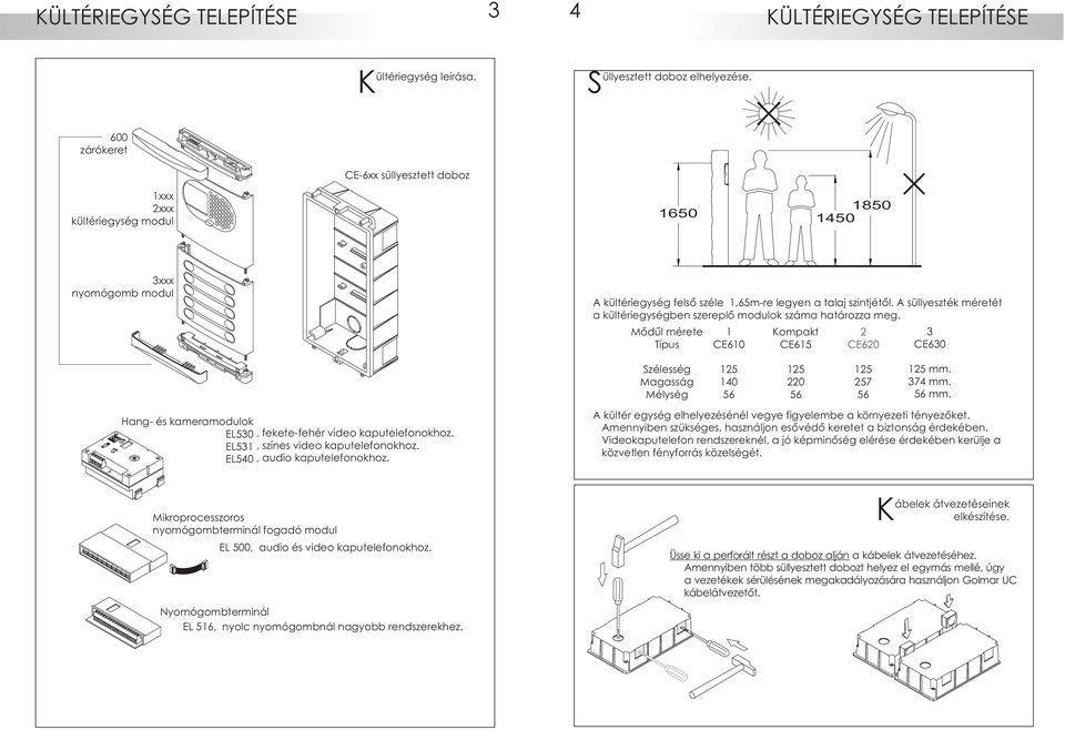 EL531, színes video kaputelefonokhoz. EL540, audio kaputelefonokhoz. kültériegység felsõ széle 1,65m-re legyen a talaj szintjétõl.