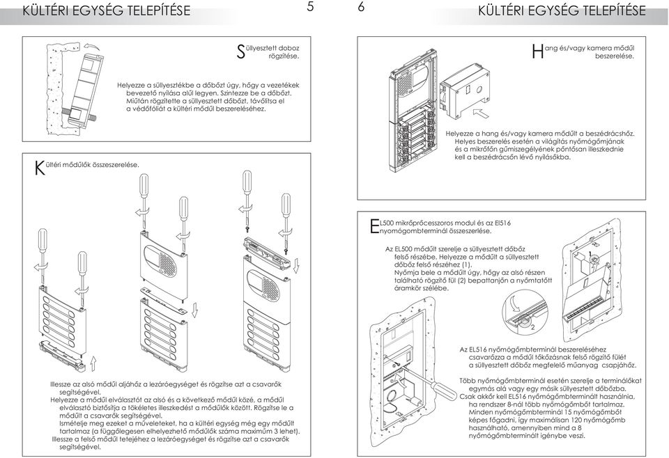 Miután rögzítette a süllyesztett dobozt, távolítsa el a védofóliát a kültéri modul beszereléséhez. Kültéri modulok összeszerelése. Helyezze a hang és/vagy kamera modult a beszédrácshoz.