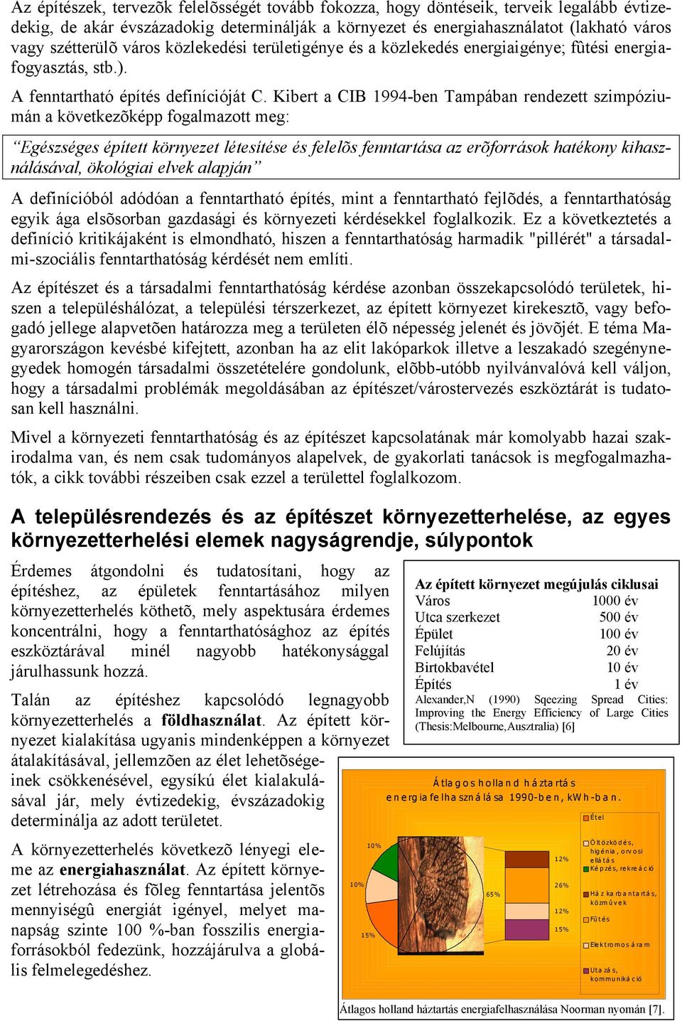 Kibert a CIB 1994-ben Tampában rendezett szimpóziumán a következõképp fogalmazott meg: Egészséges épített környezet létesítése és felelõs fenntartása az erõforrások hatékony kihasználásával,