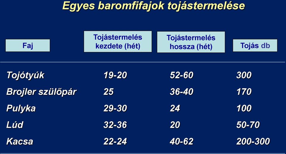 Tojótyúk 19-20 52-60 300 Brojler szülőpár 25 36-40 170