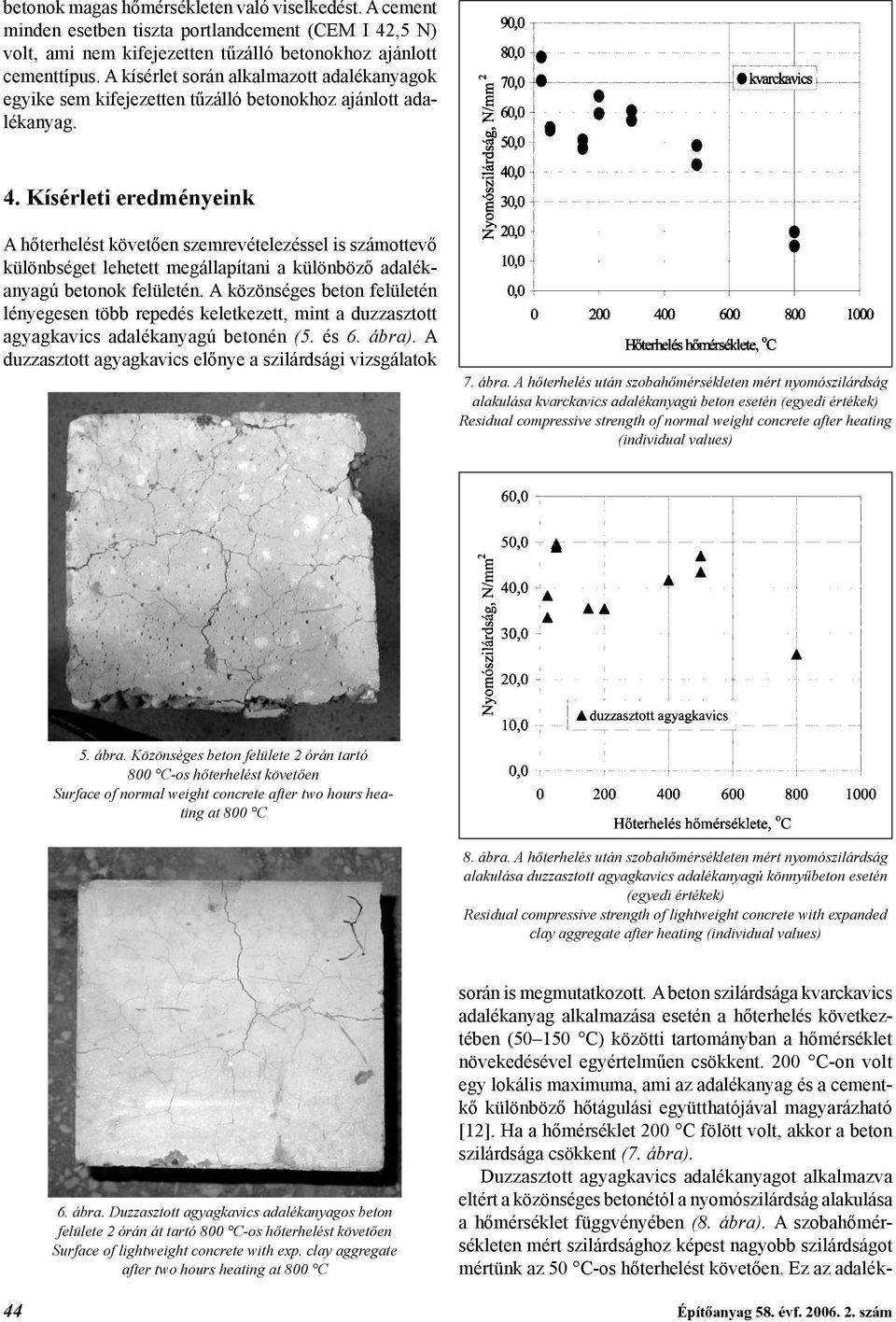 Kísérleti eredményeink A hőterhelést követően szemrevételezéssel is számottevő különbséget lehetett megállapítani a különböző adalékanyagú betonok felületén.