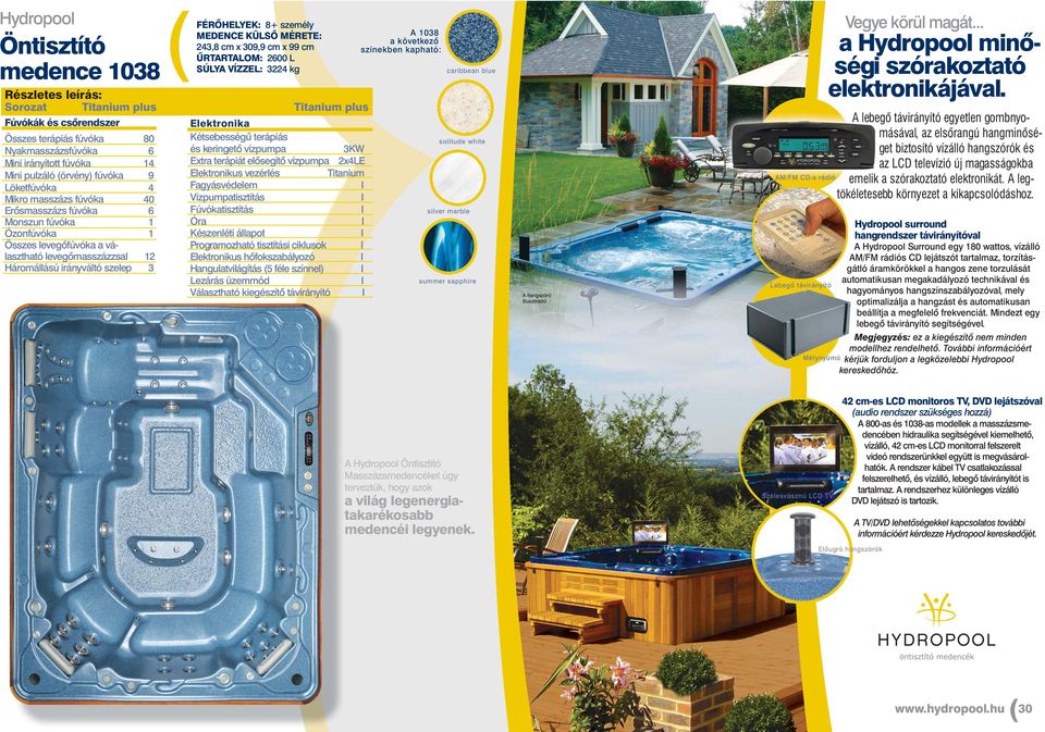 ŰRTARTALOM: 2600 L SÚLYA VÍZZEL: 3224 kg Titanium plus és keringető vízpumpa 3KW Extra terápiát elősegítő vízpumpa 2x4LE Elektronikus vezérlés Titanium Fagyásvédelem Vízpumpatisztítás Fúvókatisztítás