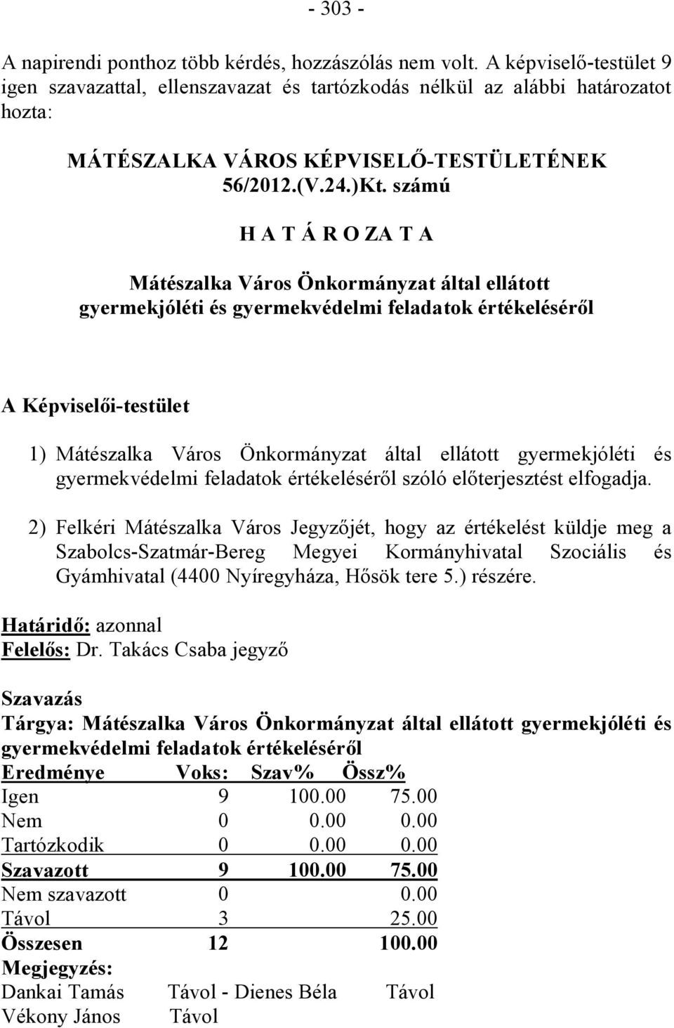 számú H A T Á R O ZA T A Mátészalka Város Önkormányzat által ellátott gyermekjóléti és gyermekvédelmi feladatok értékeléséről A Képviselői-testület 1) Mátészalka Város Önkormányzat által ellátott