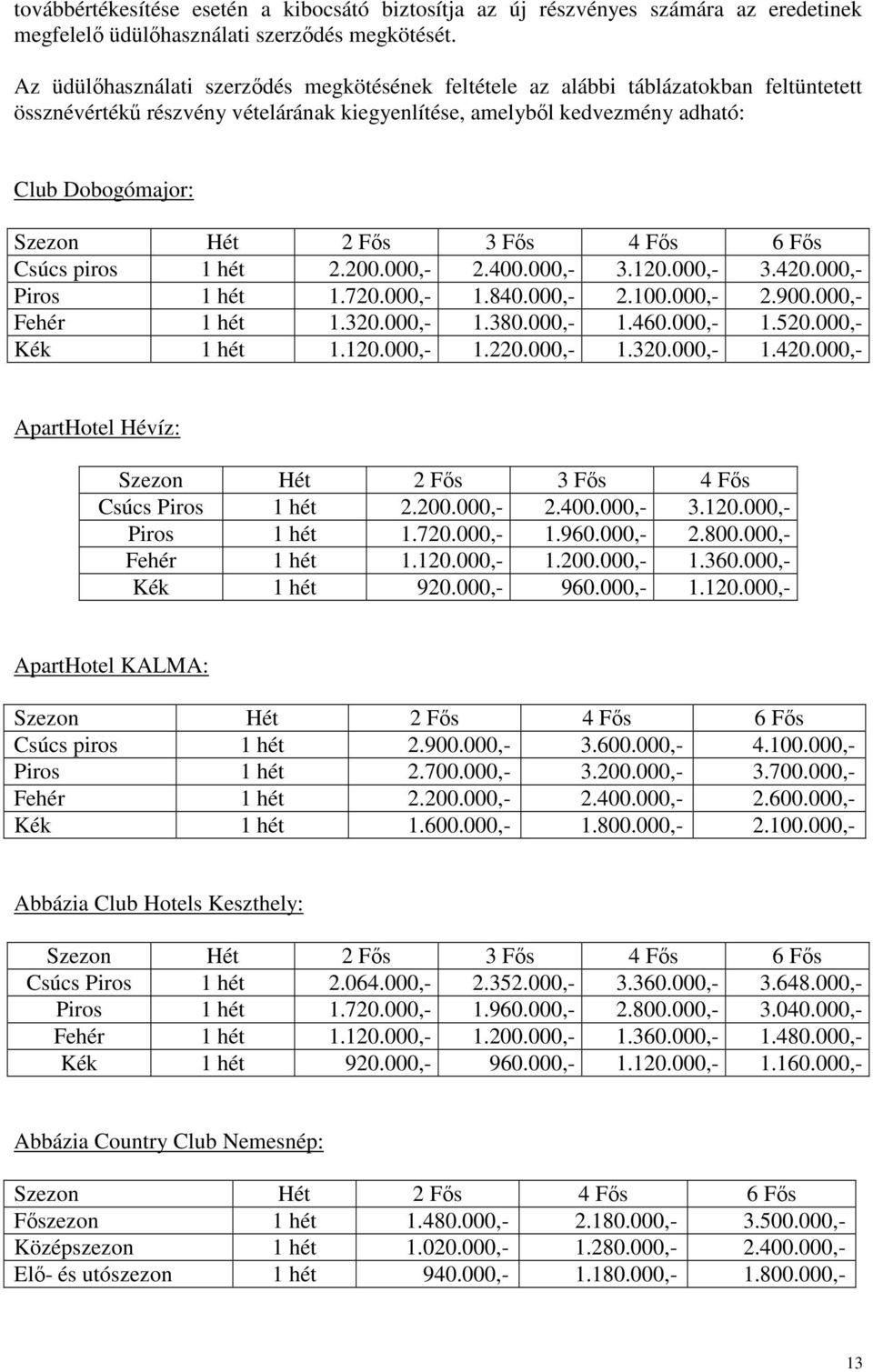 Fıs 3 Fıs 4 Fıs 6 Fıs Csúcs piros 1 hét 2.200.000,- 2.400.000,- 3.120.000,- 3.420.000,- Piros 1 hét 1.720.000,- 1.840.000,- 2.100.000,- 2.900.000,- Fehér 1 hét 1.320.000,- 1.380.000,- 1.460.000,- 1.520.