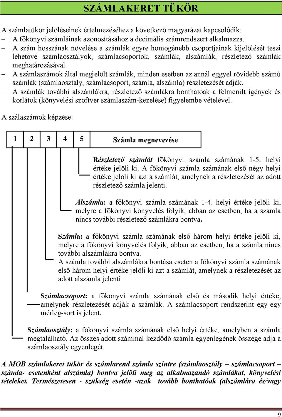 A számlaszámok által megjelölt számlák, minden esetben az annál eggyel rövidebb számú számlák (számlaosztály, számlacsoport, számla, alszámla) részletezését adják.