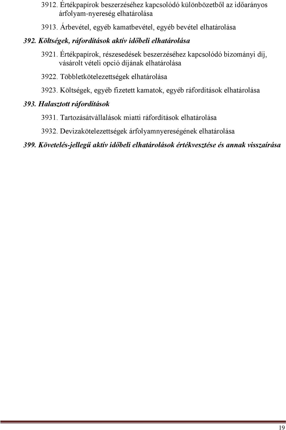 Többletkötelezettségek elhatárolása 3923. Költségek, egyéb fizetett kamatok, egyéb ráfordítások elhatárolása 393. Halasztott ráfordítások 3931.