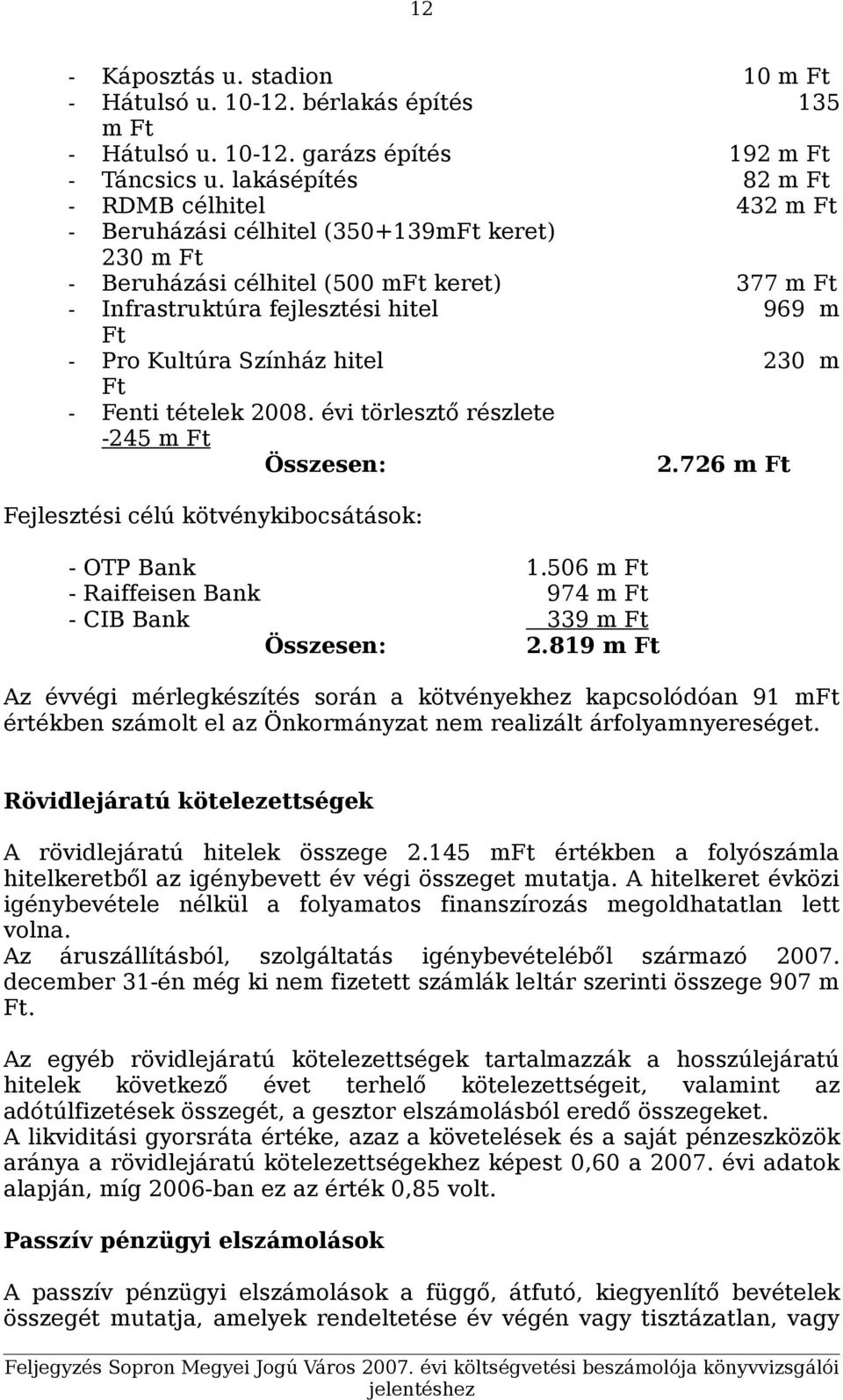Színház hitel 230 m Ft - Fenti tételek 2008. évi törlesztő részlete -245 m Ft Összesen: 2.726 m Ft Fejlesztési célú kötvénykibocsátások: - OTP Bank 1.